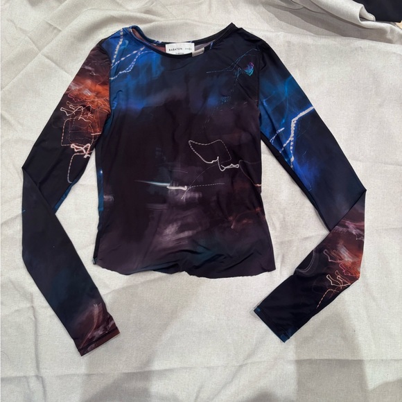 Babaton Aritzia Navy and Purple Long Sleeve Sheer Top with Cut Hem Size S - Picture 4 of 8